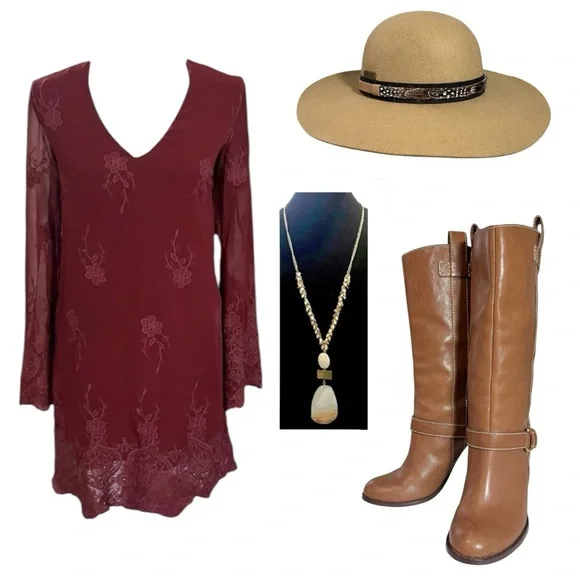 Wayf Burgundy Embroidered Flair Sleeved Dress sz S - Picture 11 of 13